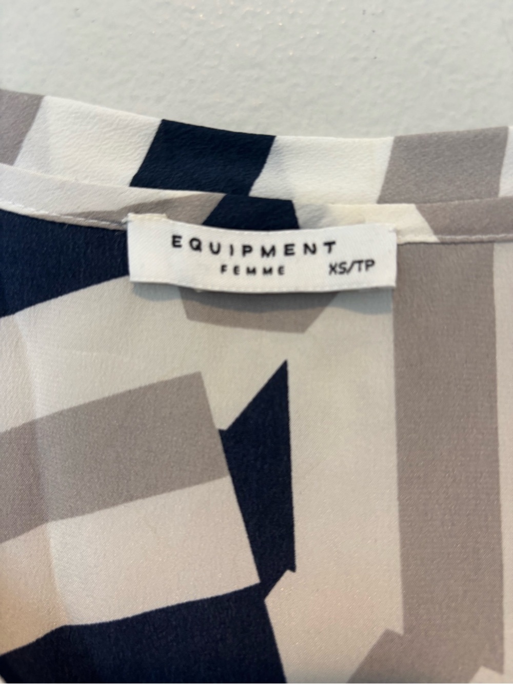Equipment Silk Geometric Short Sleeve V-Neck Top - Navy, Gray, White - Picture 3 of 5